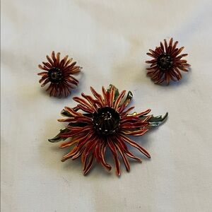 Red Flower Brooch and Earring Set